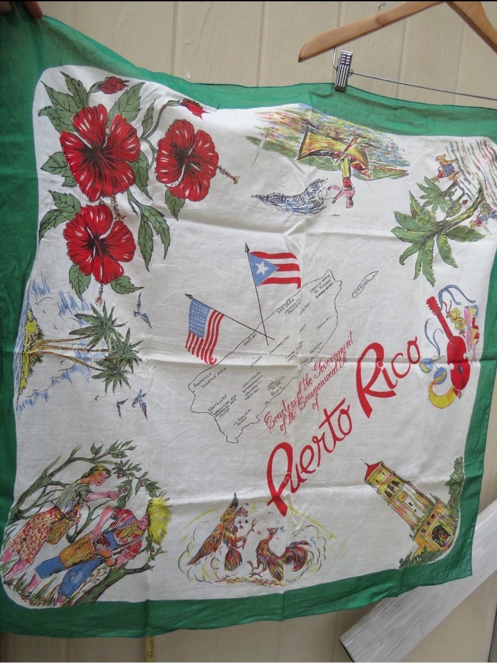 Puerto Rico Souvenir Scarf with Tropical Scenes vintage cotton